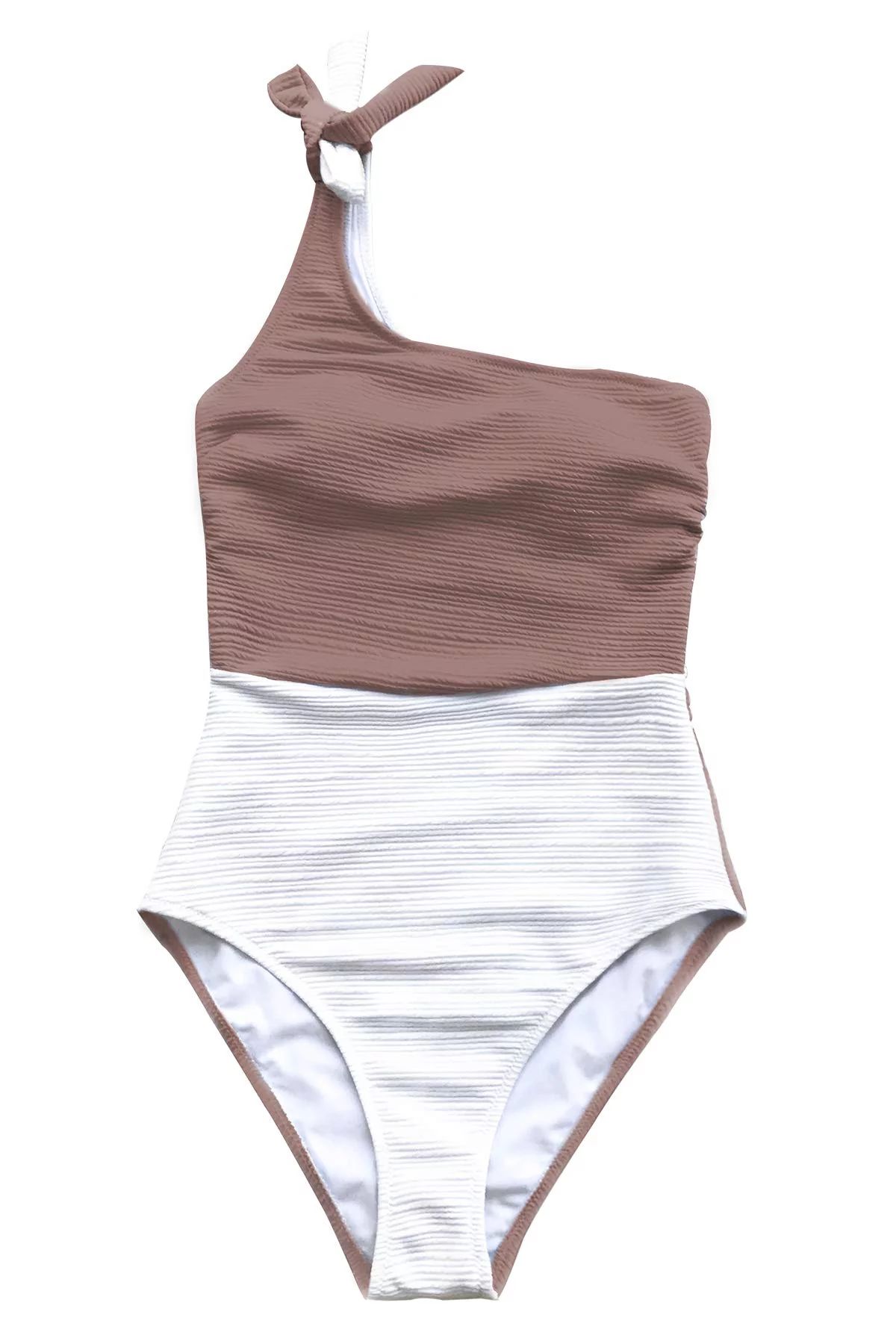 Cupshe Women's Brown Color Block One Shoulder Bowknot One-Piece Swimsuit, L | Walmart (US)
