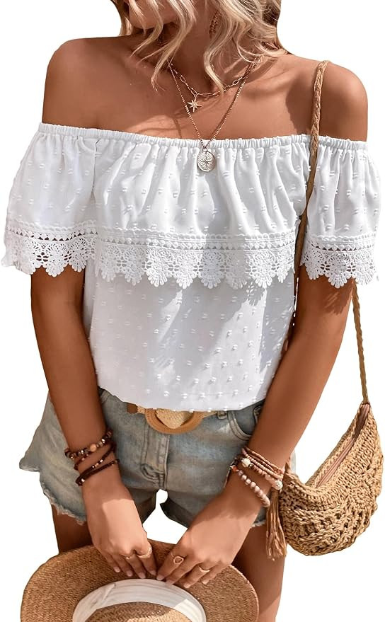 MakeMeChic Women's Off The Shoulder Tops Lace Summer Blouse Boho Tops | Amazon (US)