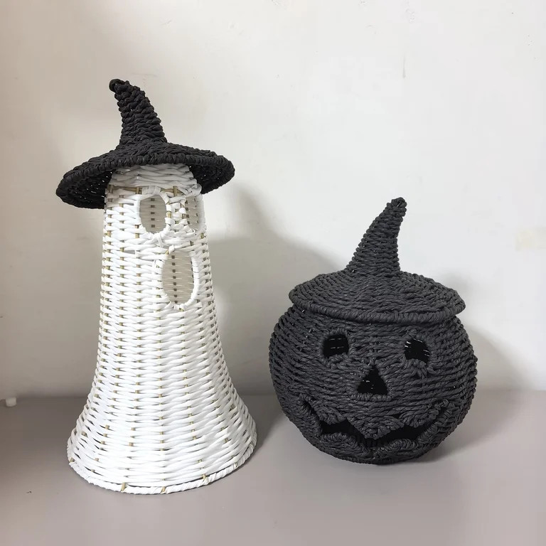 Handwoven Rattan Ghost Lantern with Witch Hat - 13.78 Inch White Wicker Ghost Decor, Light Up Hal... | Walmart (US)
