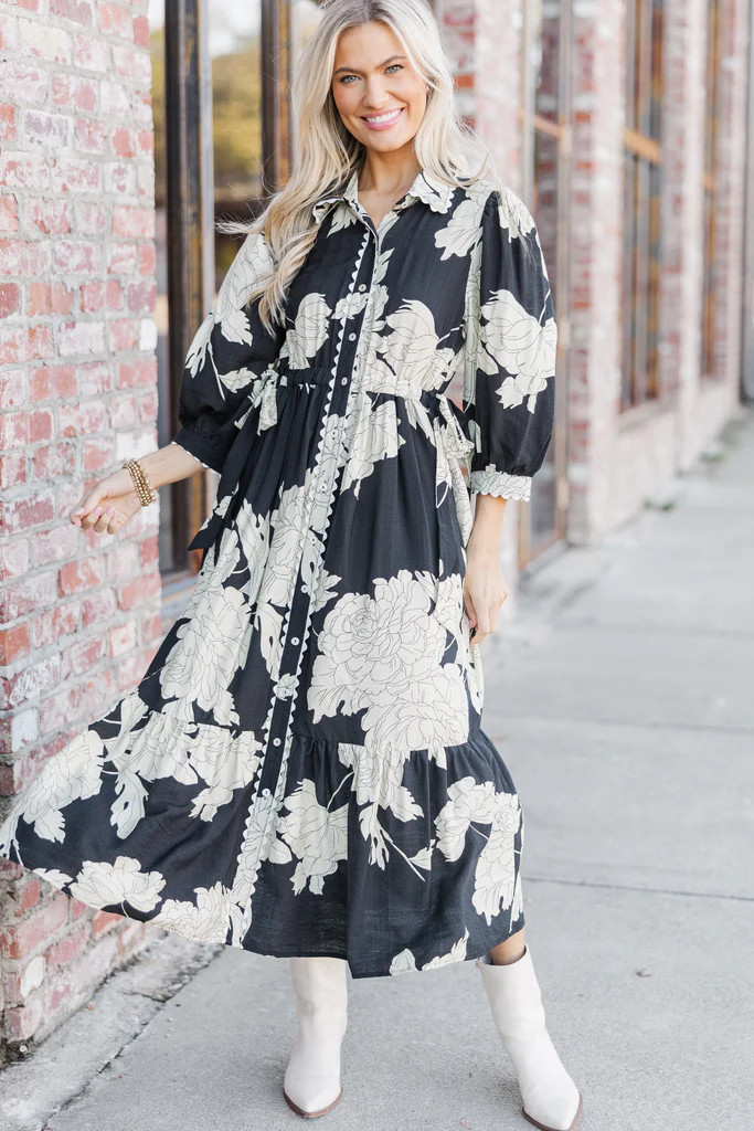 Come Together Black Floral Midi Dress | The Mint Julep Boutique