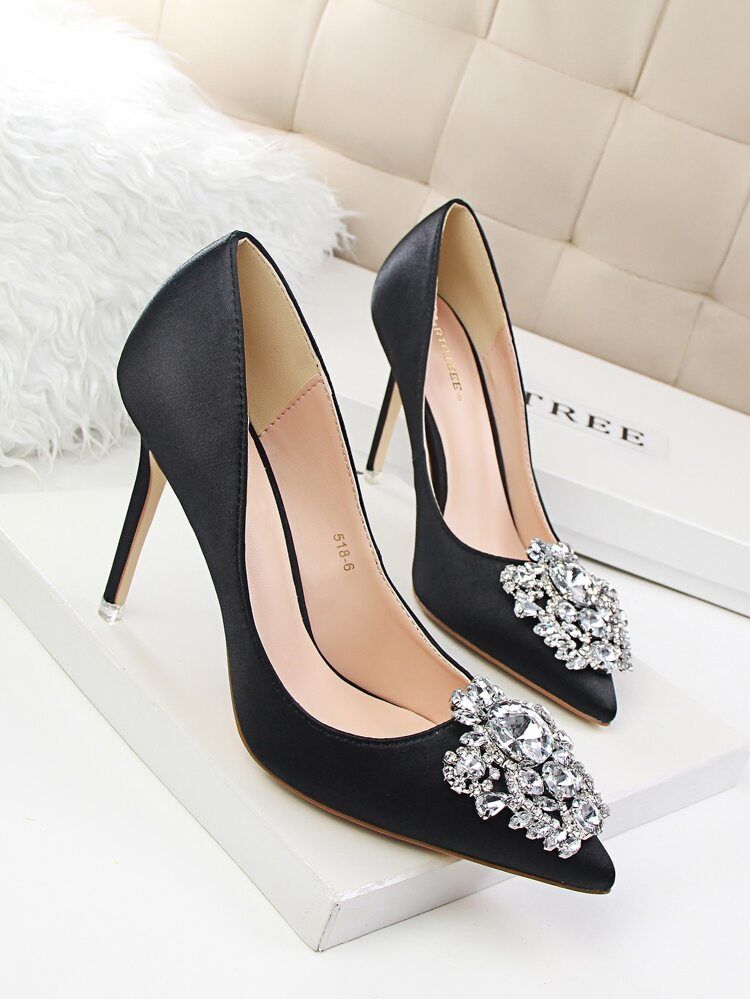 Rhinestone Decor Satin Stiletto Court Heels | SHEIN