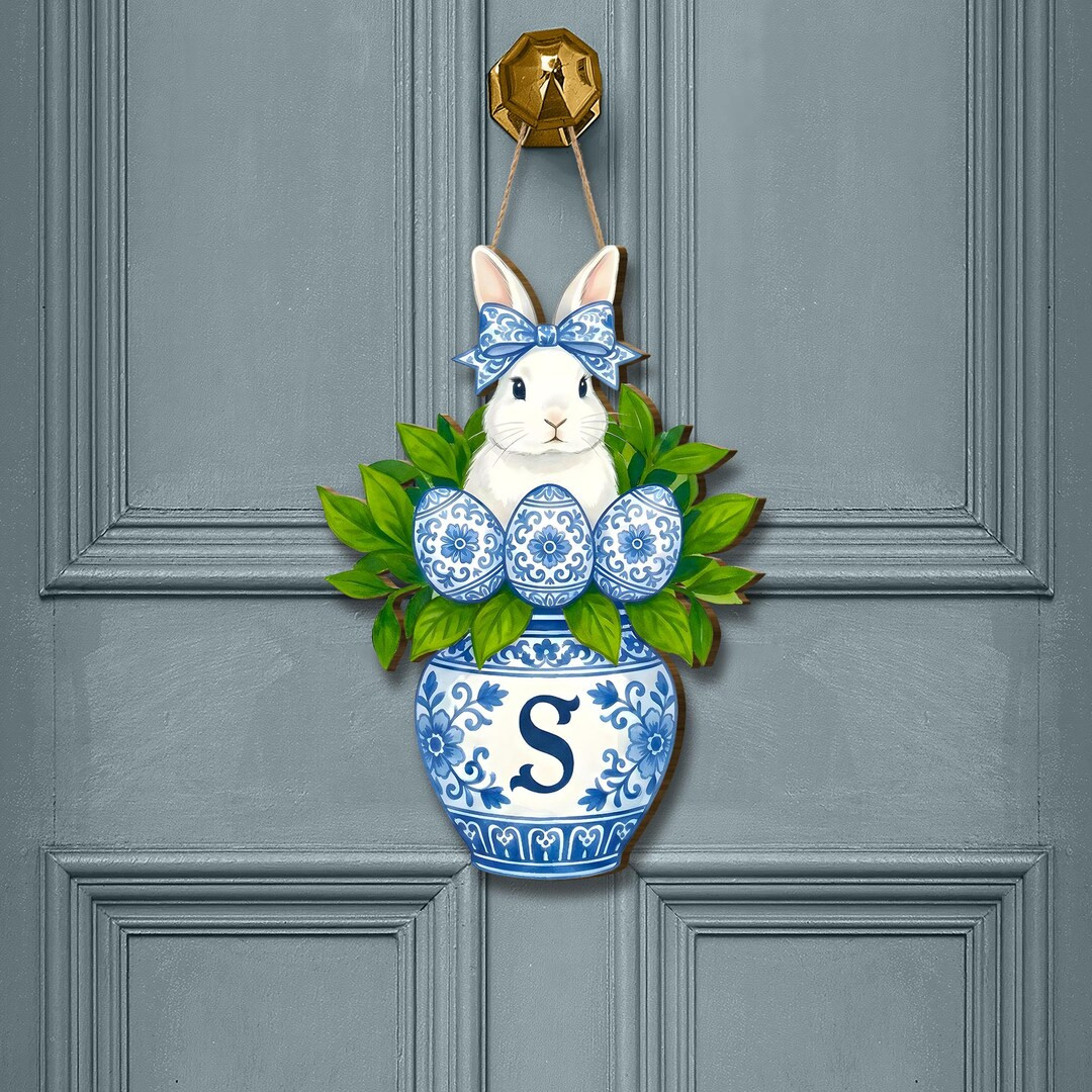 Personalized Easter Door Sign, Bunny Door Hanger, Chinoiserie Flower Vase, Monogram Initial - Ets... | Etsy (US)