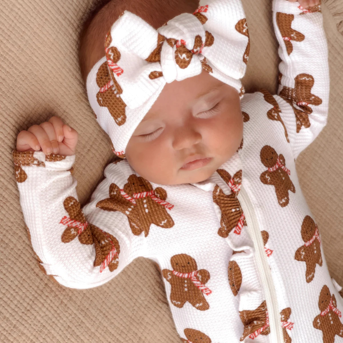 Organic Waffle Ruffle Zip Footie, Gingerbread Man | SpearmintLOVE