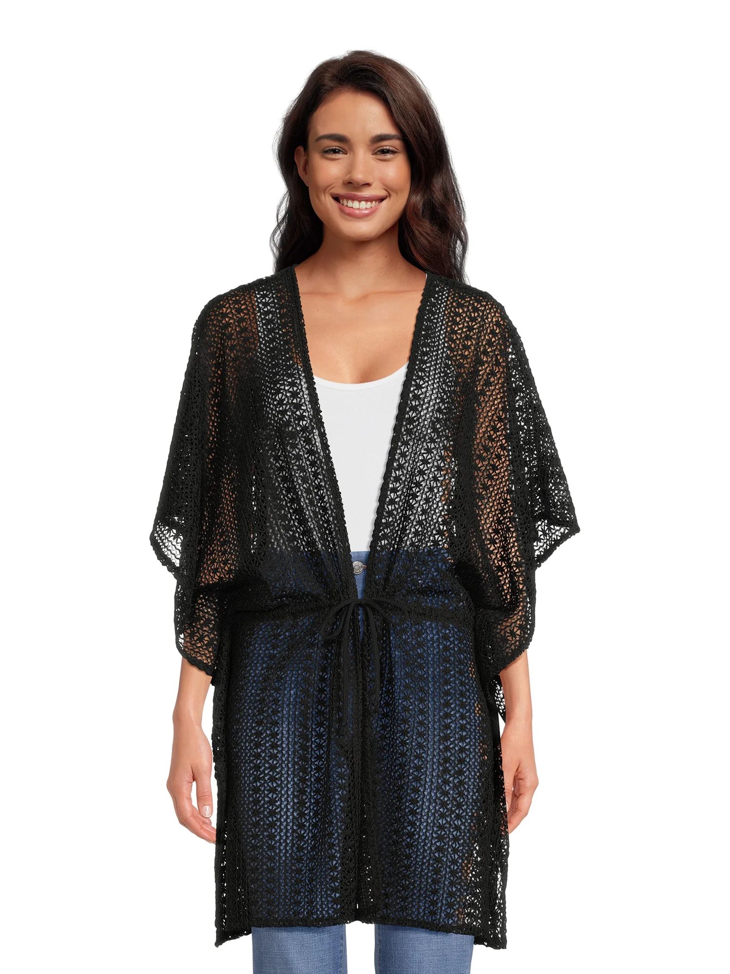 Time and Tru Women’s Tie-Front Crochet Cardigan, Sizes S-3XL | Walmart (US)