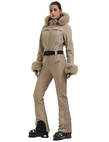 GSOU SNOW Womens Ski Suit One Piece Snowsuit Snowboard Jacket Slim Snow Jumpsuit Faux Fur Ski Outfit Waterproof Windproof Insulated,Khaki S | Amazon (US)