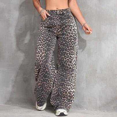 Leopard Print Denim Long Pants, Casual & Fashionable For Everyday Wear | SHEIN