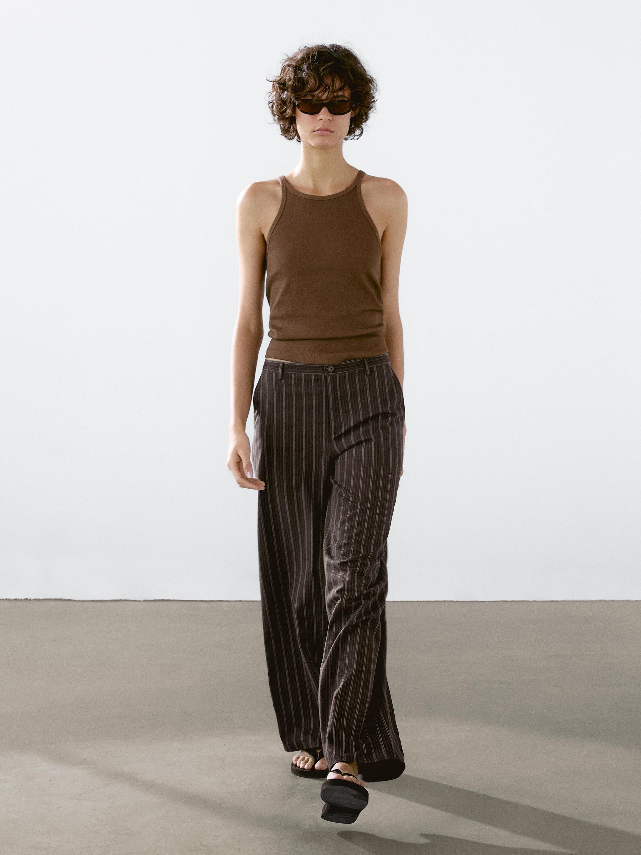 Low-rise wide-leg striped trousers | Massimo Dutti US