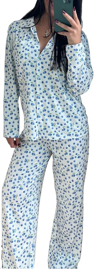 Seyurigaoka Women 2 Piece Floral Pajamas Lounge Set Y2K Long Sleeve Shirt Wide Leg Pants Sleepwea... | Amazon (US)