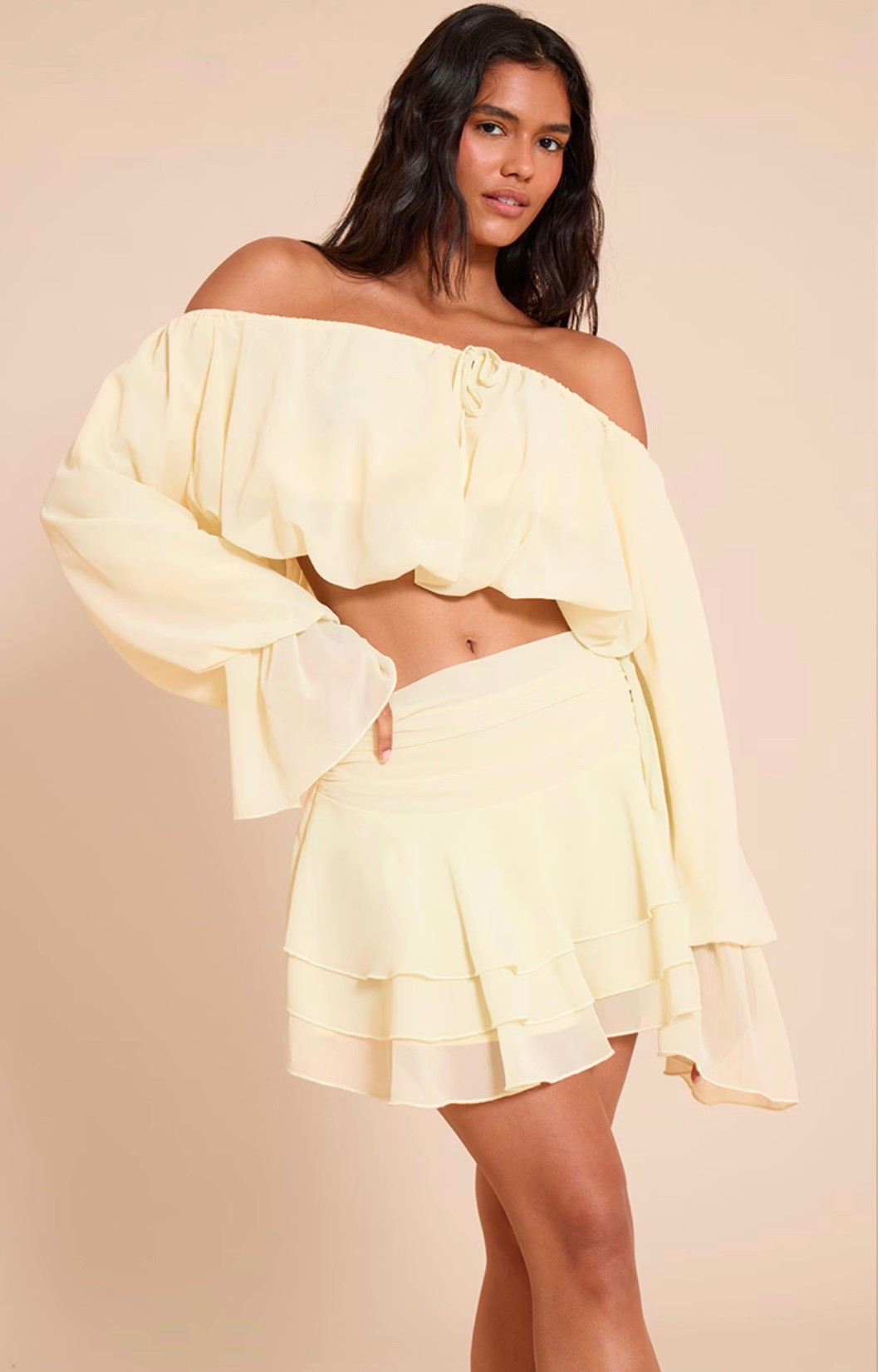 This PrettyLittleThing two-piece is giving flirty, breezy, and beach club ready. Off-the-shoulder flowy top + ruffle mini skirt = summer must-have. Perfect for vacay, brunch, or your next weekend escape. Linked this full look, size inclusive & selling fast 💛

#EveryBODYinPLT #summerset #YellowOutfitInspo #BeachVacationStyle #FlirtyAndFeminine

#LTKStyleTip #LTKFindsUnder50 #LTKSeasonal