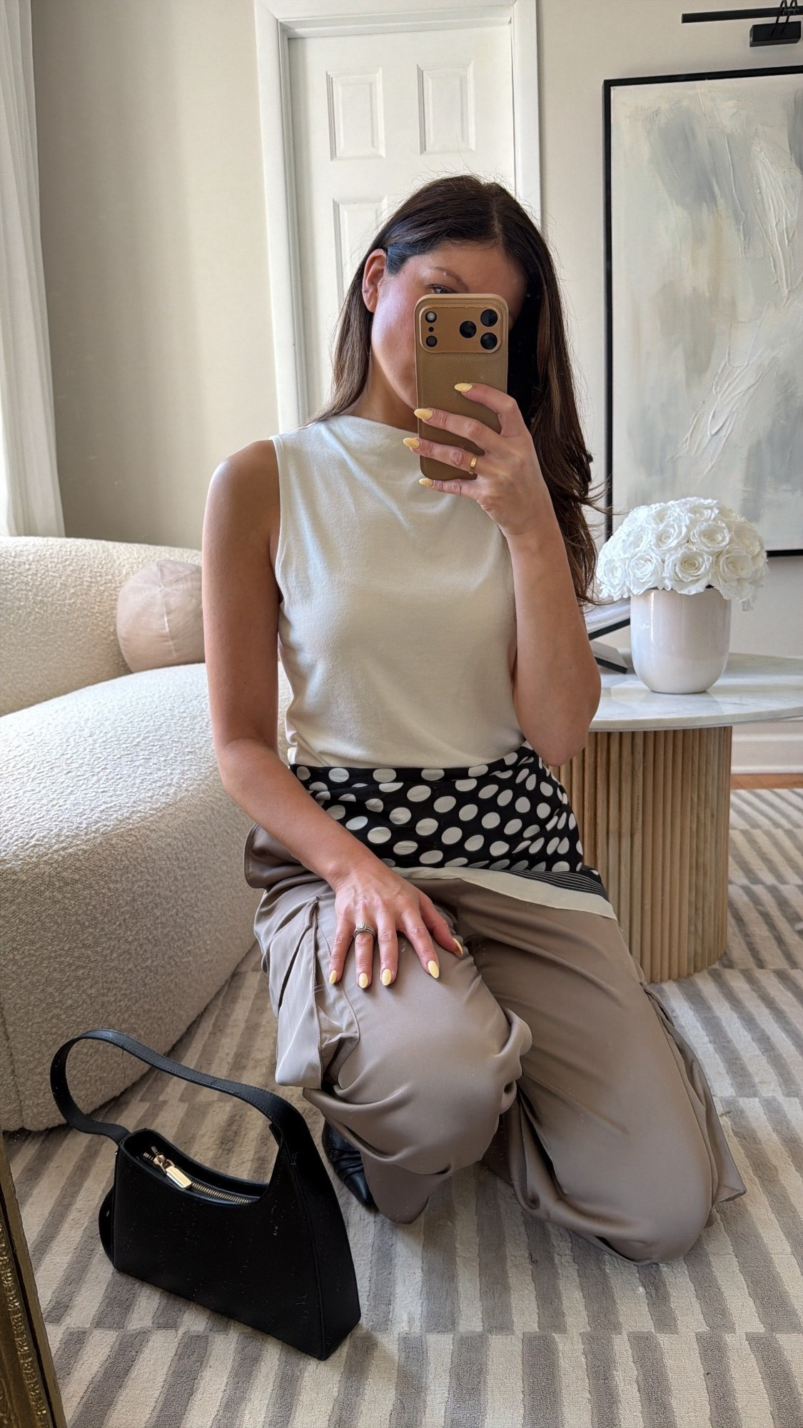 Outfit on sale, white, mock, neck, sleeveless top, satin pants, outfit, handkerchief, silk, scarf, polkadots, black purse, casual.

#LTKWorkwear #LTKSaleAlert
