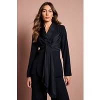Satin Detail Drape Front Blazer, navy | PrettyLittleThing US