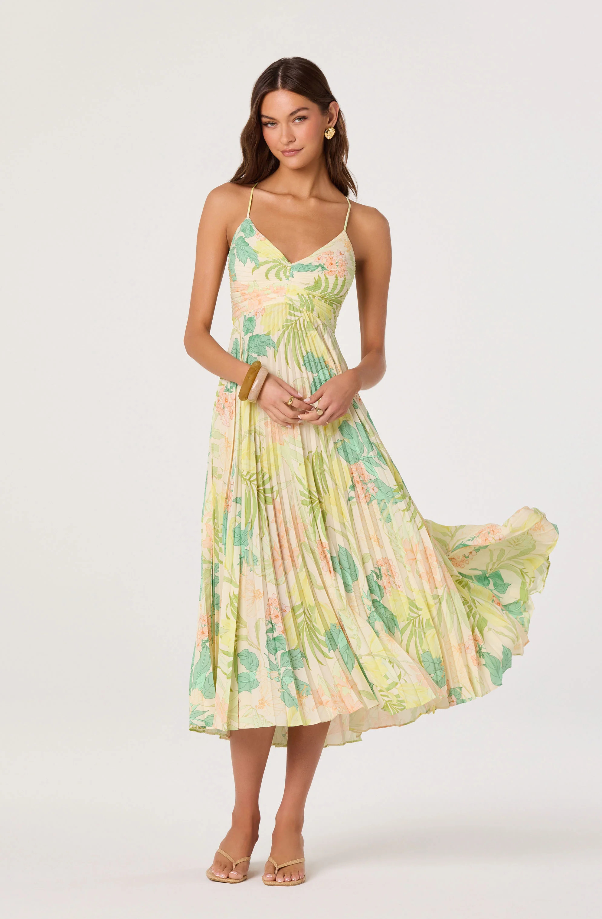 Blythe Floral Plisse Midi Dress - Green peach tropical / XS | ASTR The Label (US)