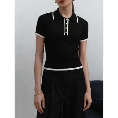 Garvee Women's Ribbed Knit Polo Top Contrast Trim Short Sleeve Button-Front Blouse Slim-Fit Casual Knit Shirt Black XL | Target
