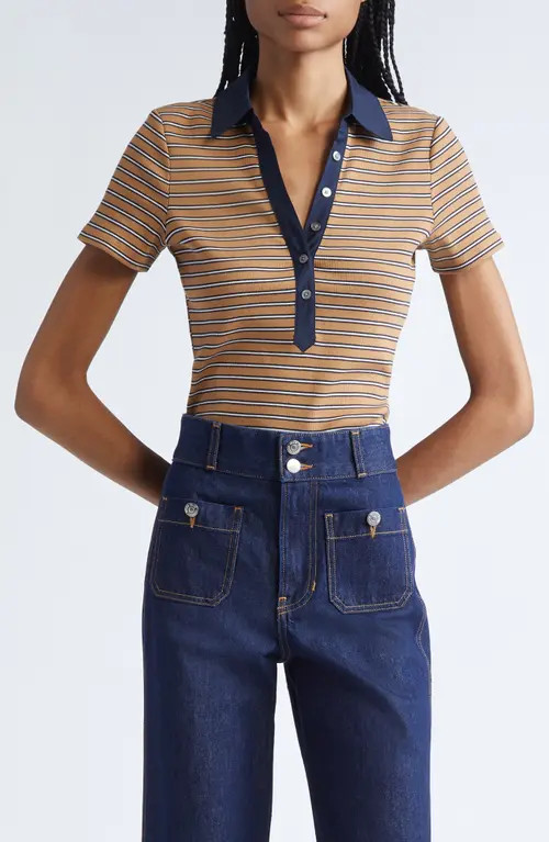 Veronica Beard Kearney Stripe Stretch Cotton Rib Polo in Brown Multi at Nordstrom, Size Small | Nordstrom