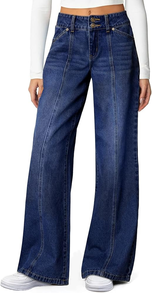 Sidefeel Women's Wide Leg Jeans High Waisted Stretchy Straight Leg Jeans Trendy Seamed Front Loos... | Amazon (US)