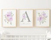 Purple Floral Personalised Nursery Wall Art  Girl Nursery - Etsy | Etsy (US)