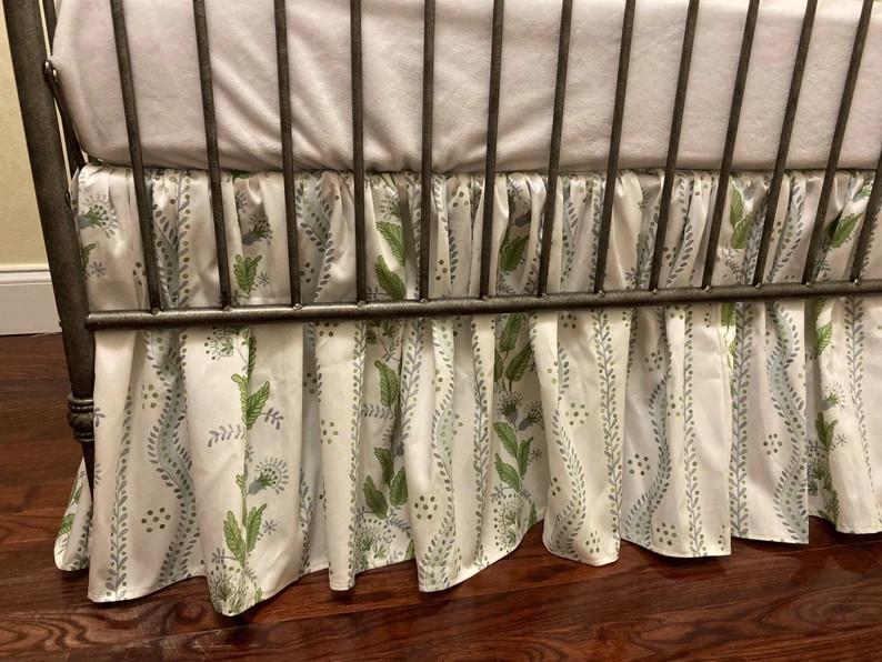 Baby Boy, Baby Girl Crib Bedding, Stripes and Vines Gathered Crib Skirt, Blue, Green, Pink Crib S... | Etsy (US)