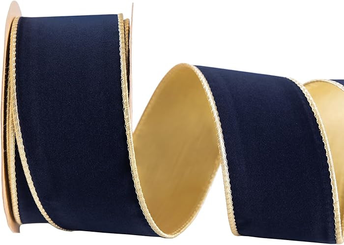 Dark Navy Blue Velvet Wired Ribbon 2.5inch Wide*10Y Navy and Gold Double Sided Velvet Thick Ribbo... | Amazon (US)