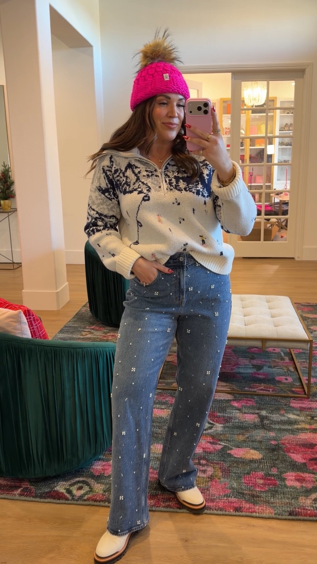curvy midsize casual winter snow bunny look! wearing size large in ski sweater and size 30 in embellished pearl denim ⛷️💕 

#LTKSeasonal #LTKFindsUnder50 #LTKMidsize