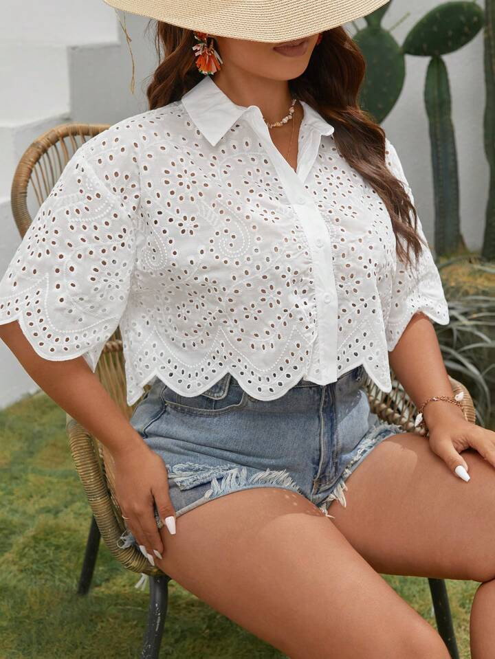 SHEIN VCAY Plus Eyelet Embroidery Scallop Trim Drop Shoulder Shirt | SHEIN