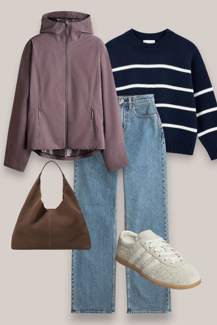 Jeans + striped knit + rain jacket
For the cooler, rainy early fall days — straight-leg jeans, striped knit, lightweight jacket and suede sneakers. The oversized brown bag makes this such a practical everyday outfit too. 

 #LTKautumn #LTKjeans #LTKstyletip