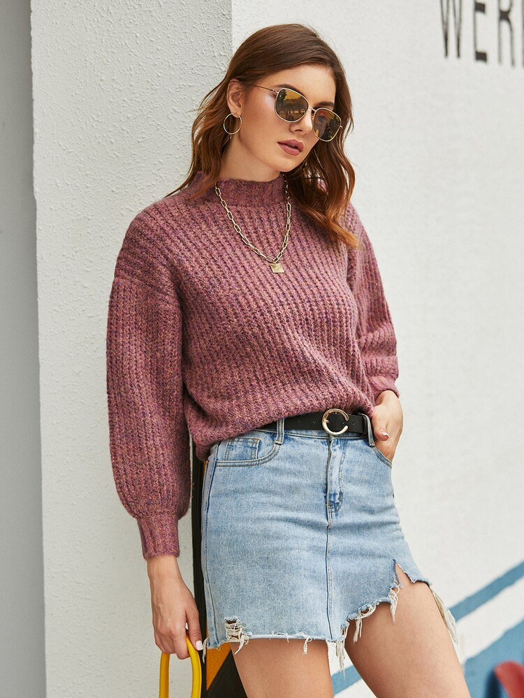 Mock-neck Drop Shoulder Lantern Sleeve Sweater | SHEIN