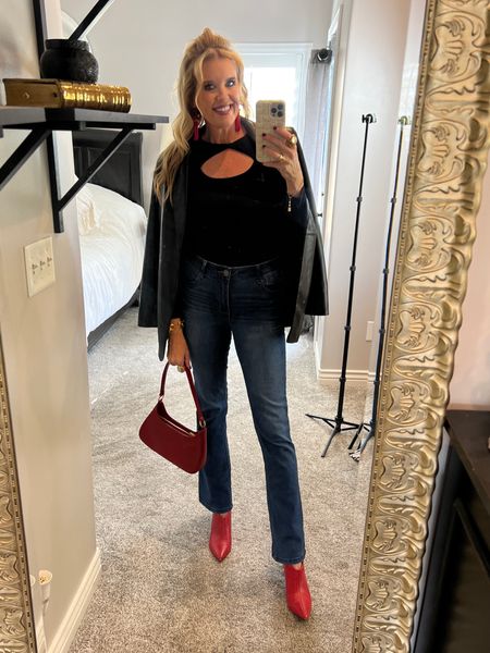 Outfit idea, date night - drinks with a friend, gallery/show, city look:)

Pumiey bodysuit, thong back, great alternative to Skims  wearing a med

Wit & wisdom itty bitty bootie size down 

Red leather bag 
Red booties (old) linked all most identical
Leather blazer ( Chicos) wearing size 1
Red tassel earrings 

#LTKworkwear #LTKstyletip #LTKHoliday
