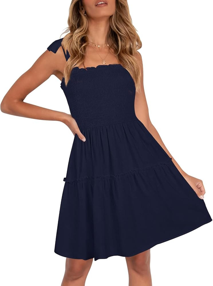 ZESICA Women's Summer Spaghetti Strap Sleeveless Square Neck Ruffle A Line Swing Mini Dress | Amazon (US)