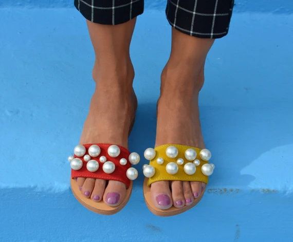 Greek sandals, Leather slides, Pearl slide sandals, Greek leather sandals, Slip on sandals, Summer s | Etsy (US)
