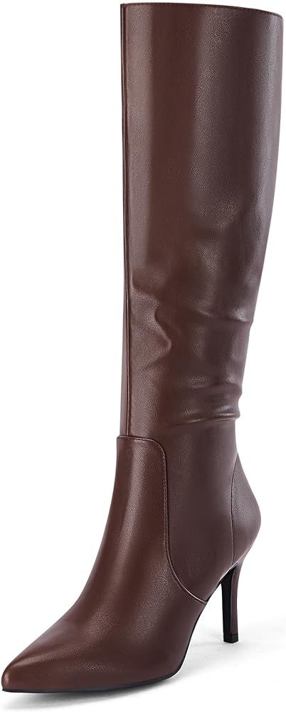 Coutgo Womens Pointed Toe Knee High Boots Heels Faux Leather Suede Side Zipper Stretch Winter Boo... | Amazon (US)