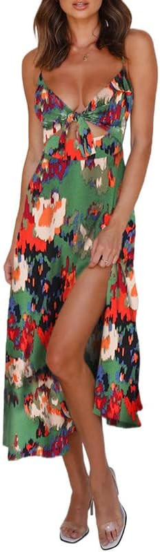 Dokotoo Womens 2023 Summer Floral Print Spaghetti Strap Sundress V Neck Tie Front Maxi Dress | Amazon (US)