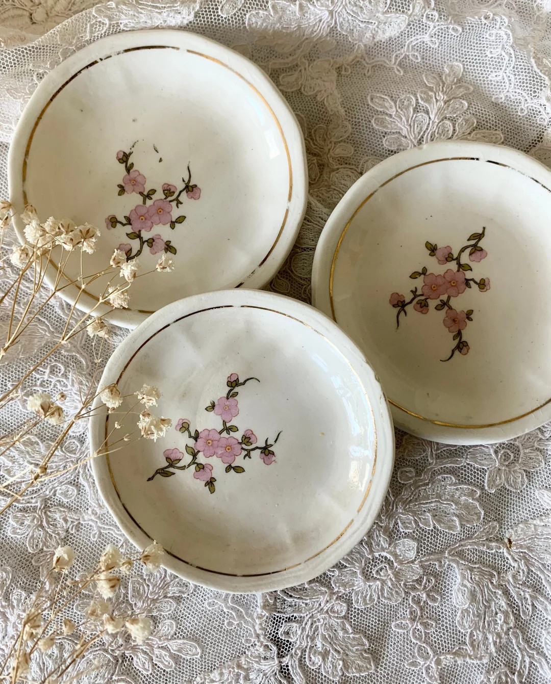 SET of 3 Vintage Stained Crazed Pink White Gold Valentines Day Porcelain Butter Pats,cottage Farm... | Etsy (US)