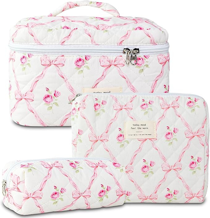 3Pcs Cotton Quilted Makeup Bag Large Travel Cosmetic Bag Coquette Makeup Pouch Cute Aesthetic Flo... | Amazon (US)