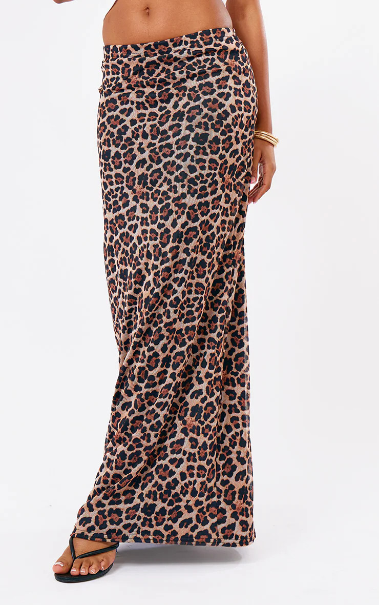 Leopard Printed Lined Mesh Maxi Skirt | PrettyLittleThing US