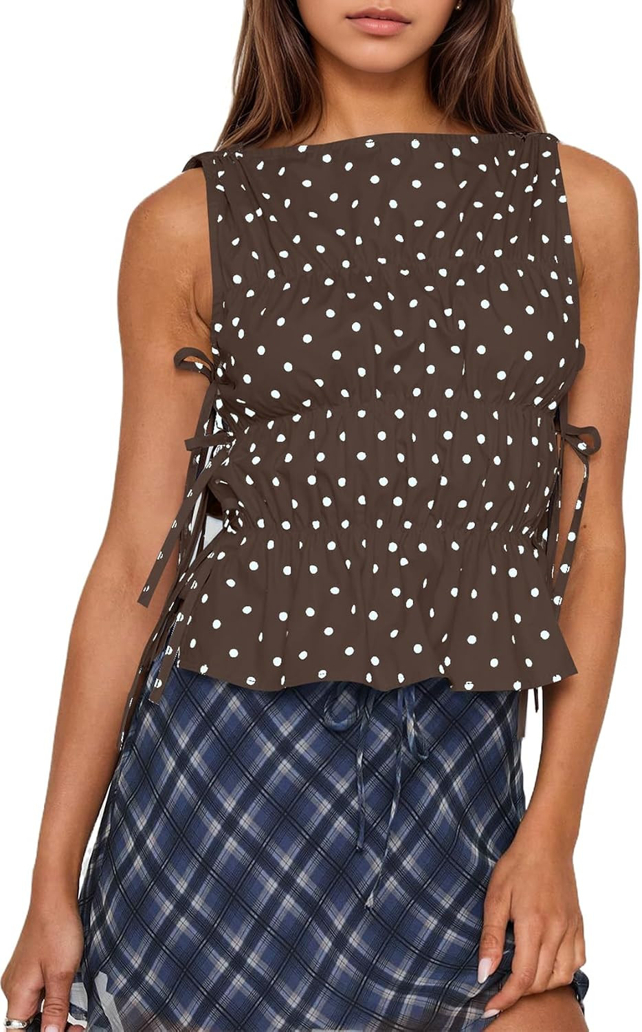 Women Polka Dot Sleeveless Peplum Tops Side Bow Tie Ruched Smocked Tank Tops Boat Neck Summer Going Out Shirts | Amazon (US)