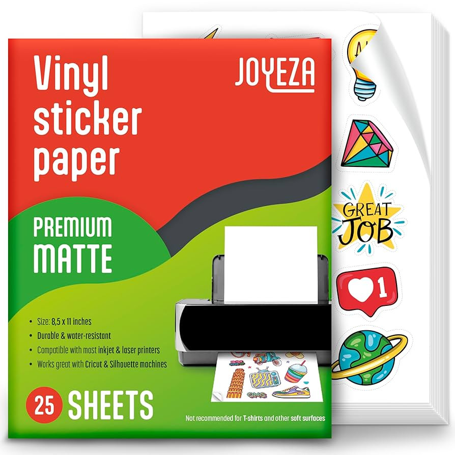 JOYEZA Premium Printable Vinyl Sticker Paper for Inkjet Printer - 25 Sheets Matte White Waterproo... | Amazon (US)