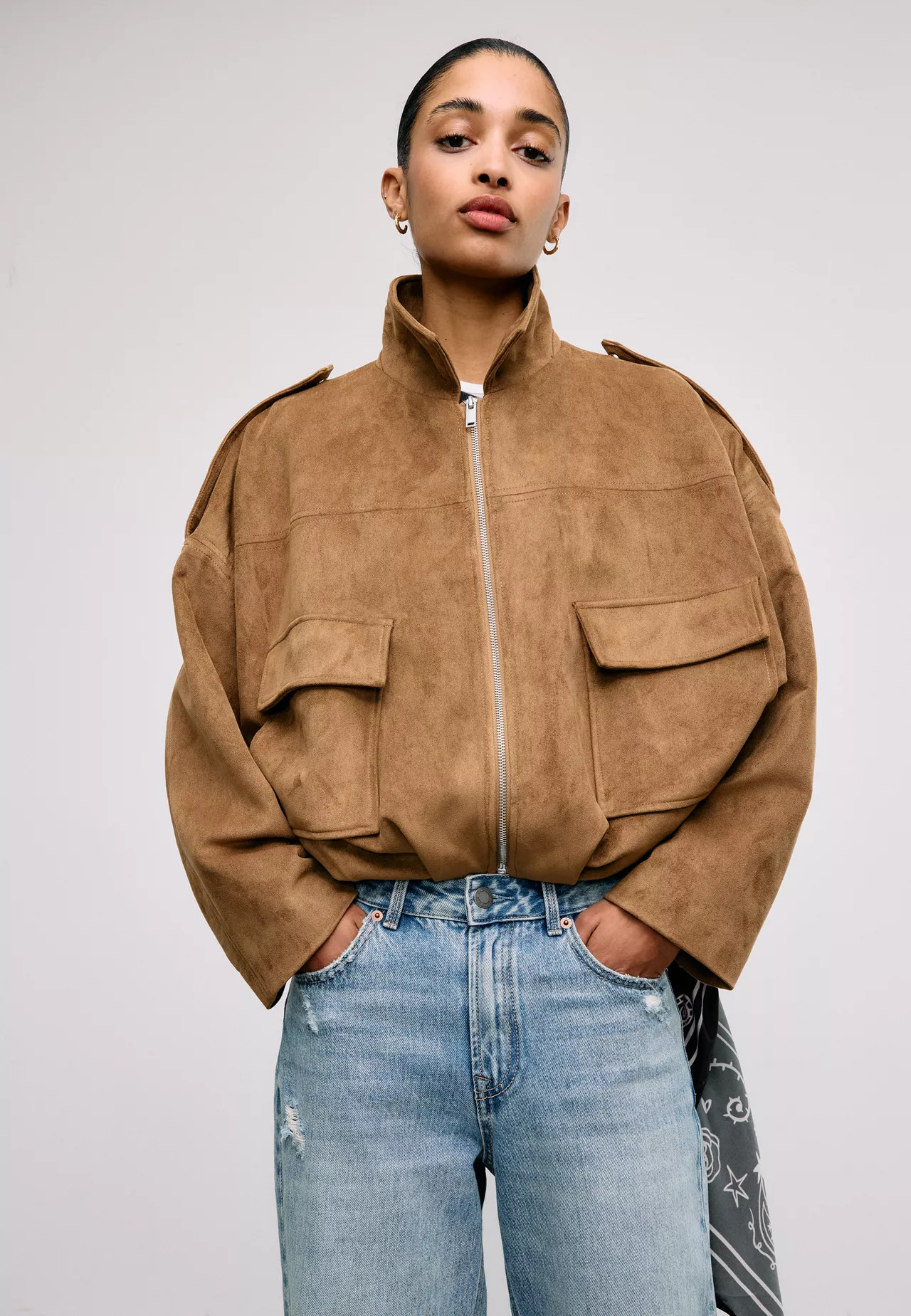 Faux suede bomber jacket - Women's Faux suede | Stradivarius United Kingdom | Stradivarius (UK)