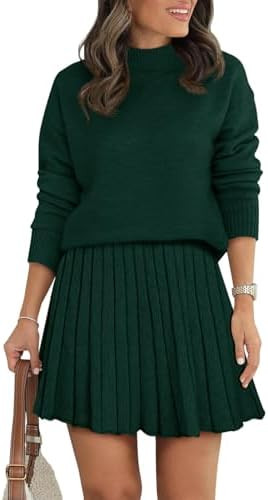 Women's Two Piece Outfits Turtleneck Long Sleeve Ribbed Knit Tops Pleated Mini Skirt 2025 Casual ... | Amazon (US)
