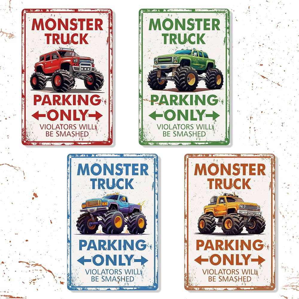 4 Pcs Monster Truck Parking Only Signs for Kids, Monster Jam Only Violators Will Be Smashed Wall ... | Amazon (US)