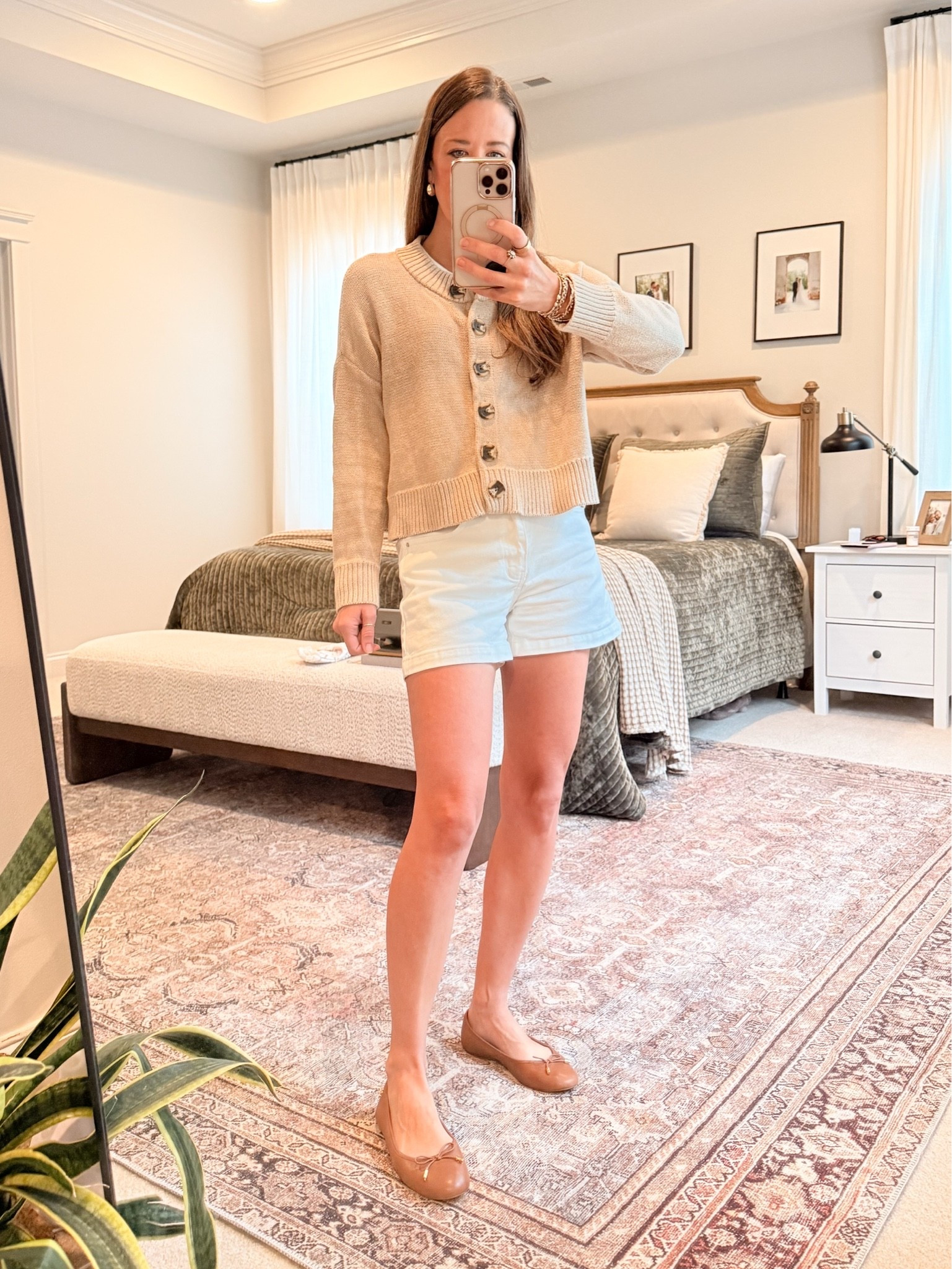 Summer cardigan = the answer to freezing office AC 🥶 Lightweight, easy layer that makes a simple outfit feel polished. Styled with white shorts + ballet flats for an effortless summer capsule look. Quince code: INFG-26LINENANDLIGHTCO10.

#LTKootd #LTKmomlife #LTKSeasonal