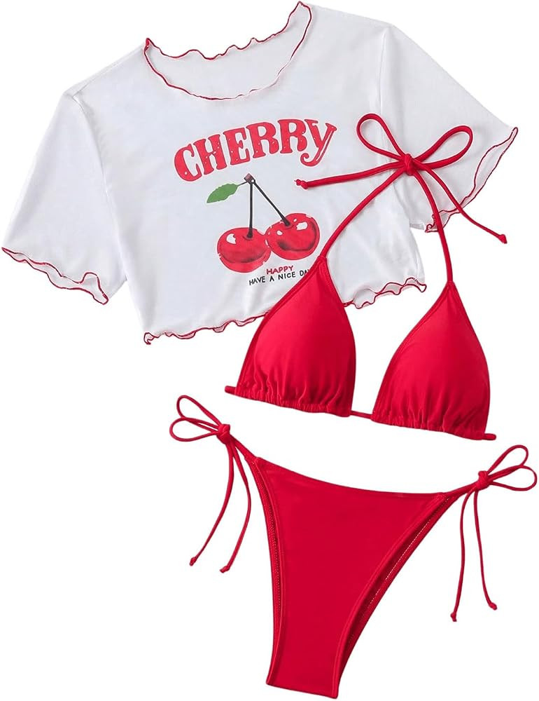 MakeMeChic Women's Bikini Sets Triangle Halter Tie Back Swimsuit with Cherry Printed Coverup Tops | Amazon (US)