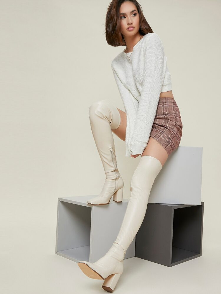 Vegan Leather Thigh-High Square Toe Skinny Boots | SHEIN