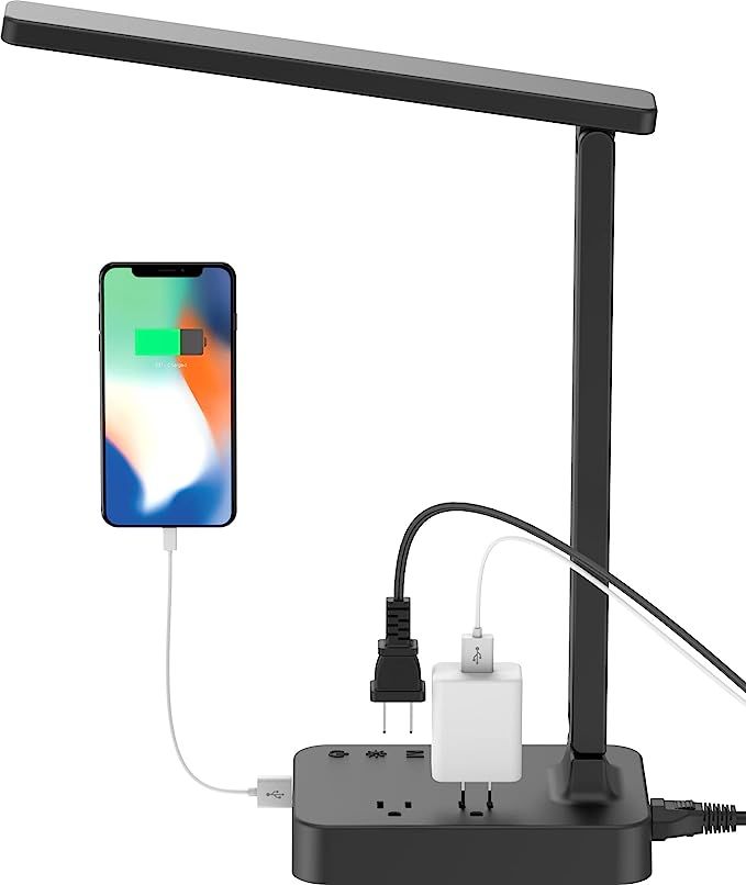 LED Desk Lamp, Desk Light with 1 USB Charging Port and 2 AC Power Outlet, 3 Lighting Modes, 3 Lev... | Amazon (US)