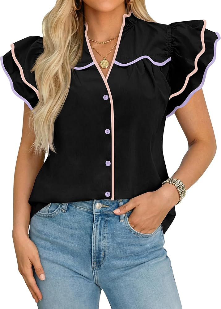 Tankaneo Womens Ruffle Short Sleeve Blouse V Neck Button Down Shirts Color Block Trendy Casual To... | Amazon (US)