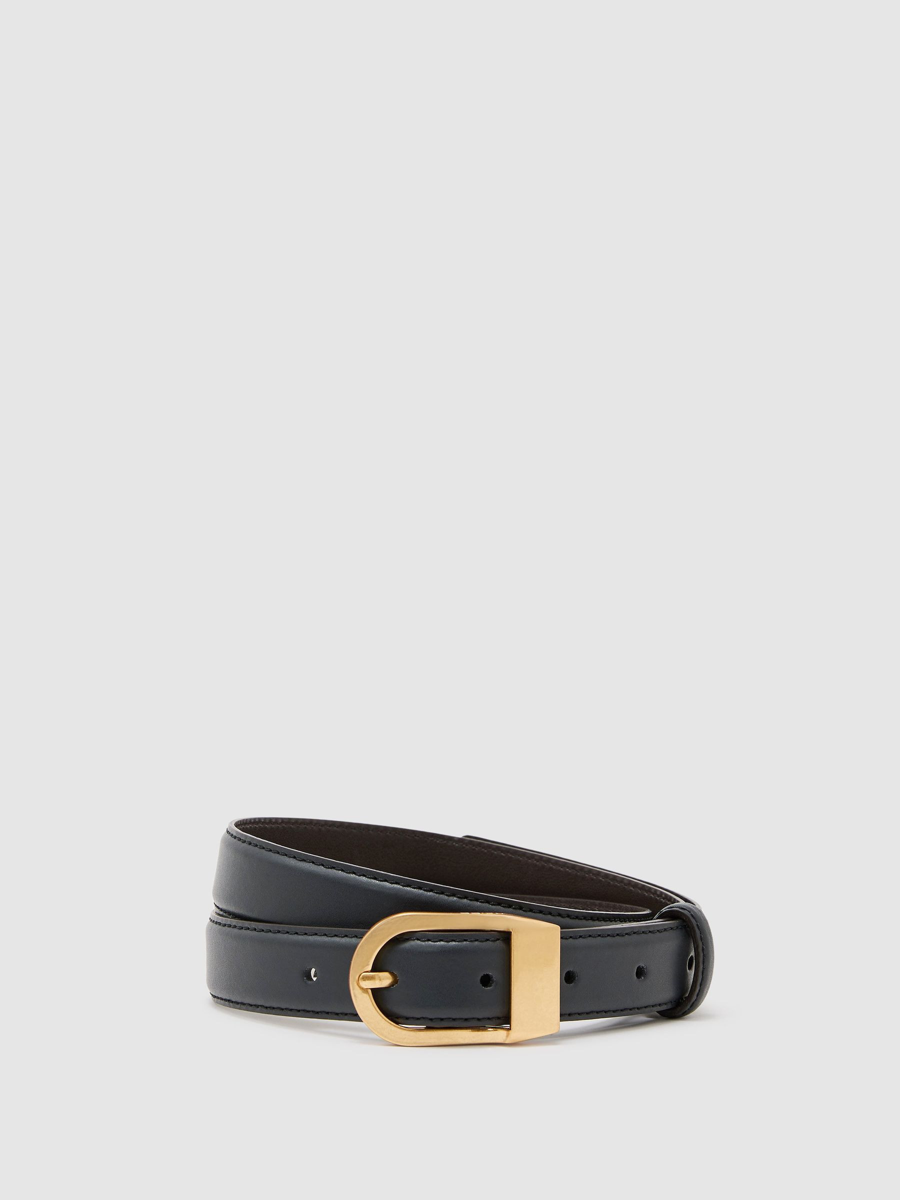 Reiss Leather Curved-Buckle Belt in Navy - REISS | Reiss UK