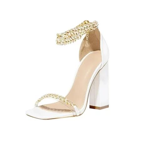 OAVQHLG3B Women s Shoes Metal Chain Diamond Shiny Block High Heel Pumps Ankle Strap Casual Square To | Walmart (US)