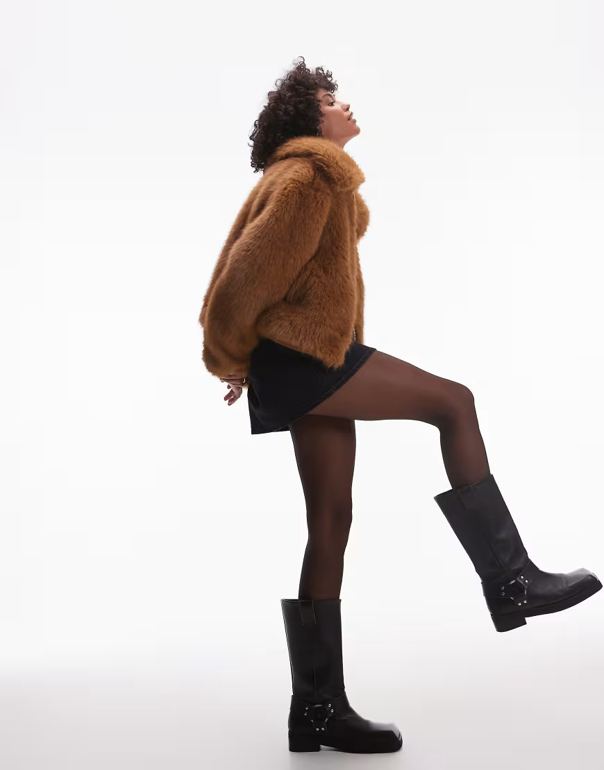 Topshop faux fur cropped bomber jacket in light brown | ASOS (Global)