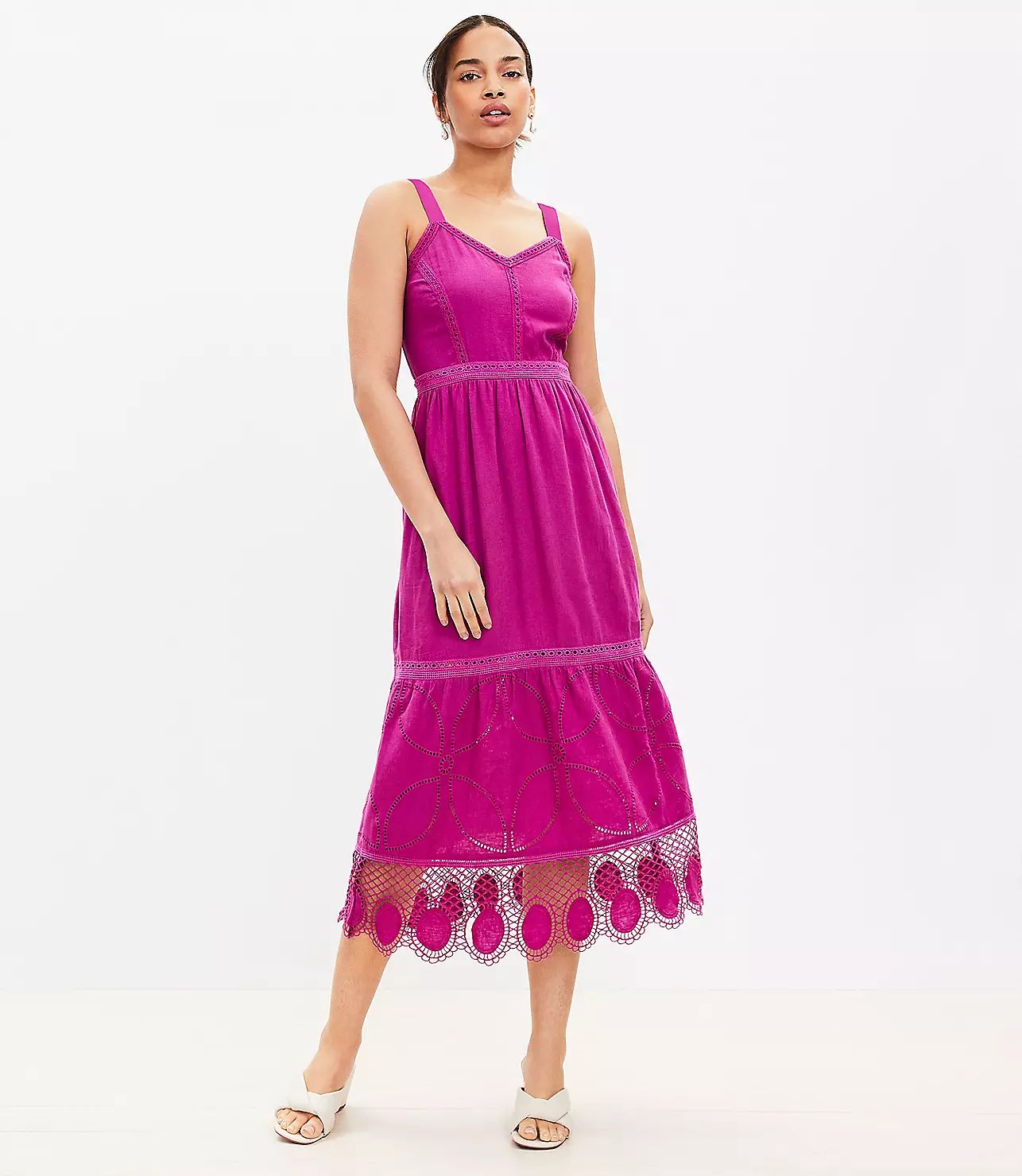 Petite Lace Trim Linen Blend Strappy Midi Dress | LOFT