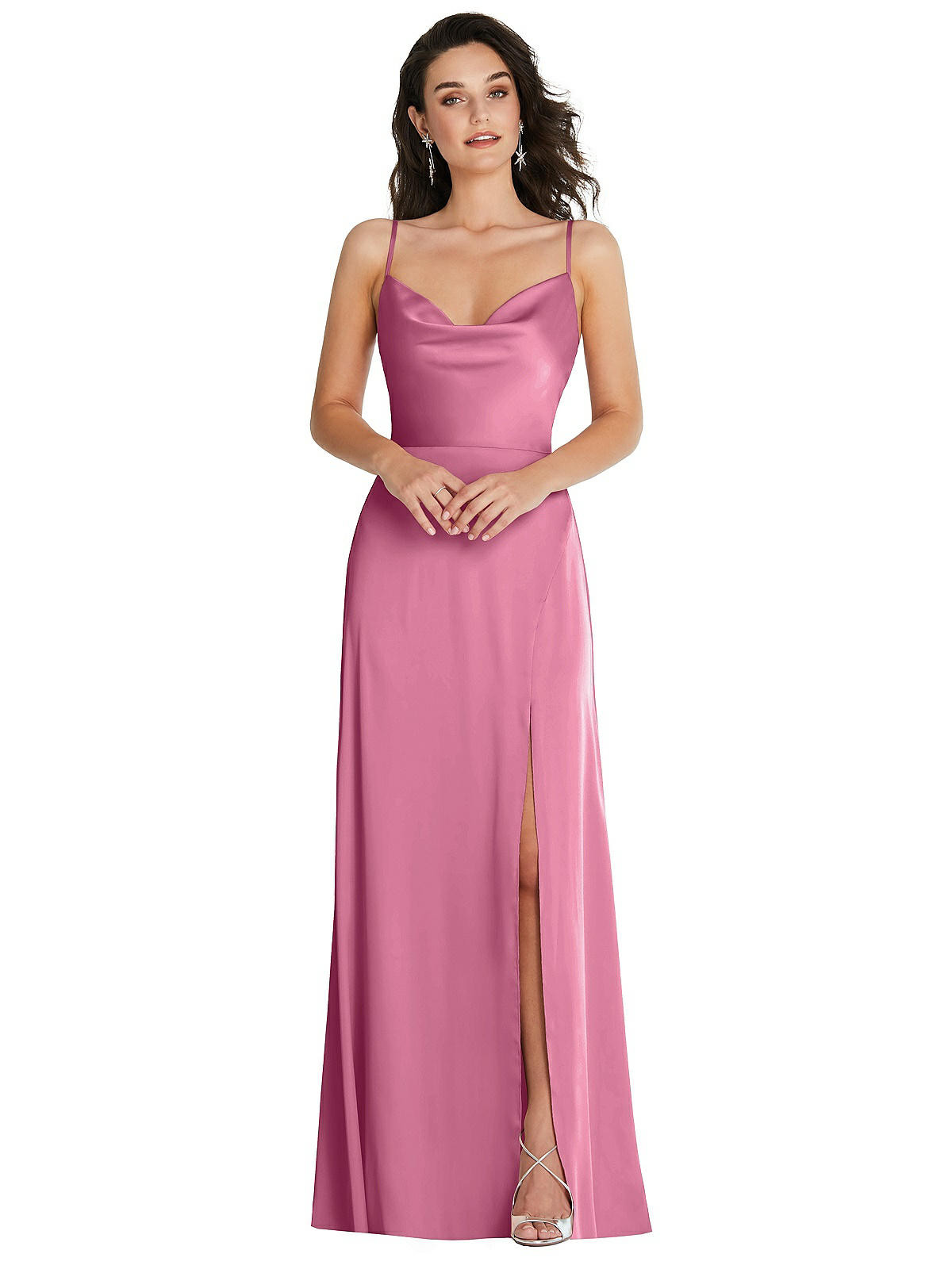 Cowl-Neck A-Line Maxi Dress with Adjustable Straps in Orchid Pink | Dessy Group