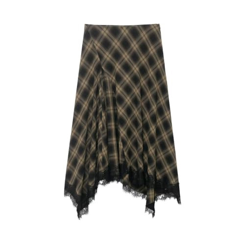 Women's Plaid Asymmetrical Midi Skirt with Lace Trim and Hanky Hem (Black,Small) | Amazon (US)